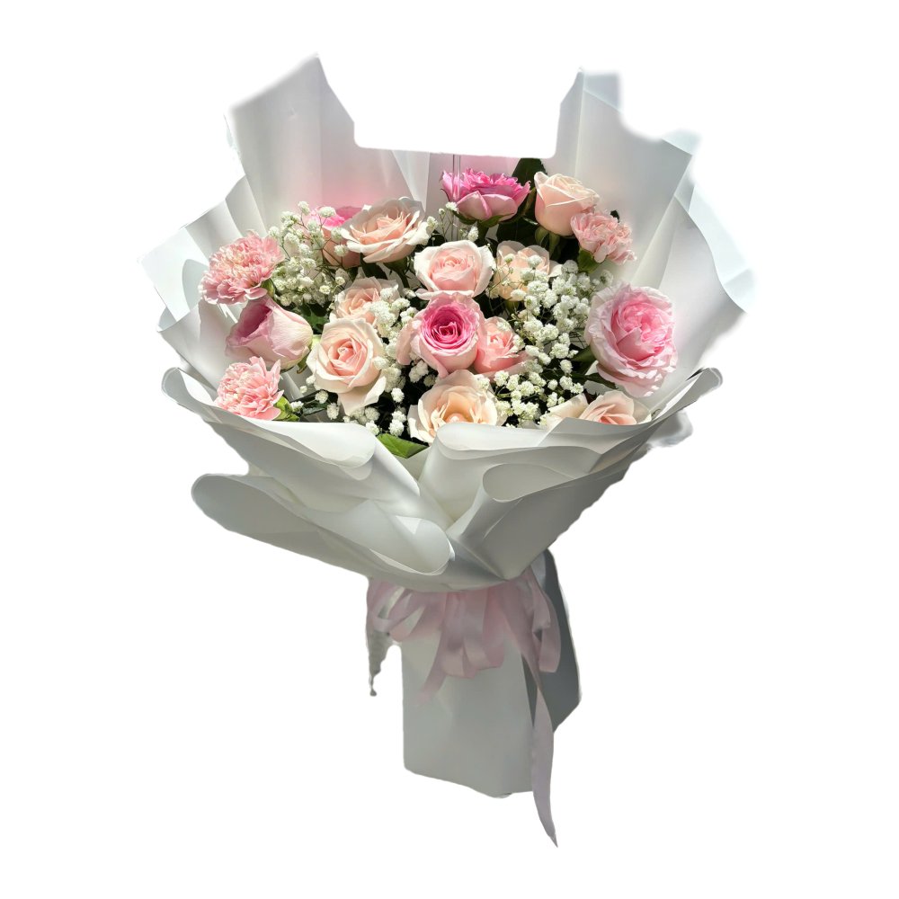 Bó hoa hồng phấn và cẩm chướng giấy trắng 251 - Hoa Tươi 24h