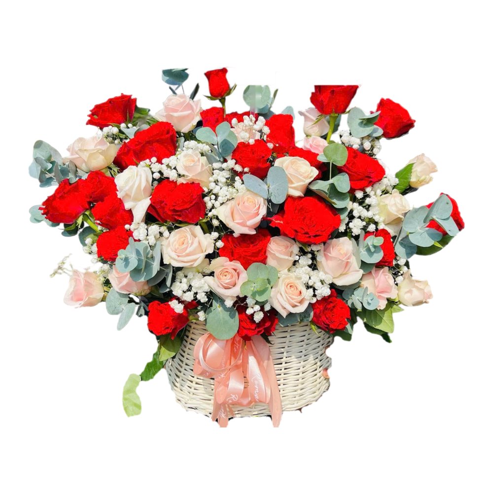 Giỏ hoa hồng đỏ và hồng kem giỏ trắng 748 - Hoa Tươi 24h