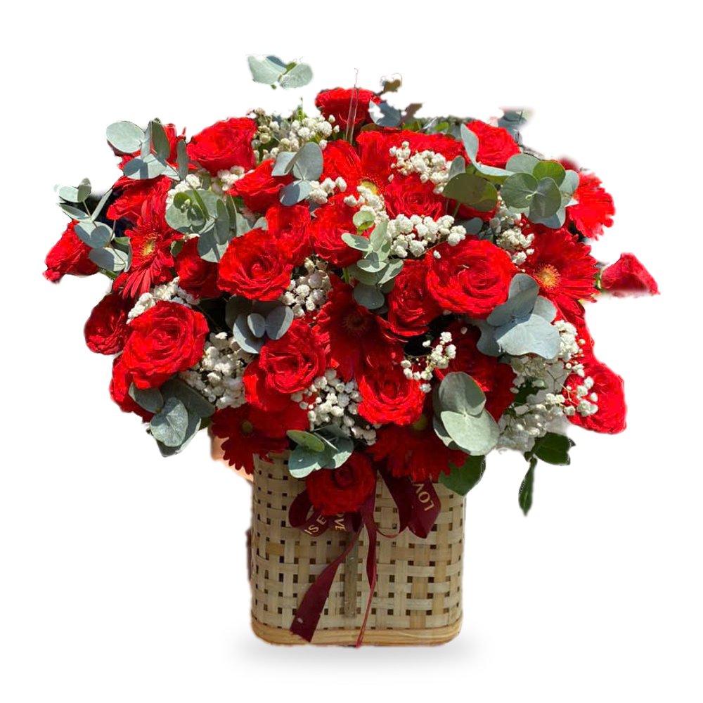 Giỏ hoa hồng đỏ và đồng tiền đỏ 752 - Hoa Tươi 24h