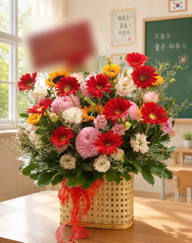 Giỏ hoa đồng tiền đỏ chúc mừng thầy cô – ảnh thật Hoa Tươi 24h