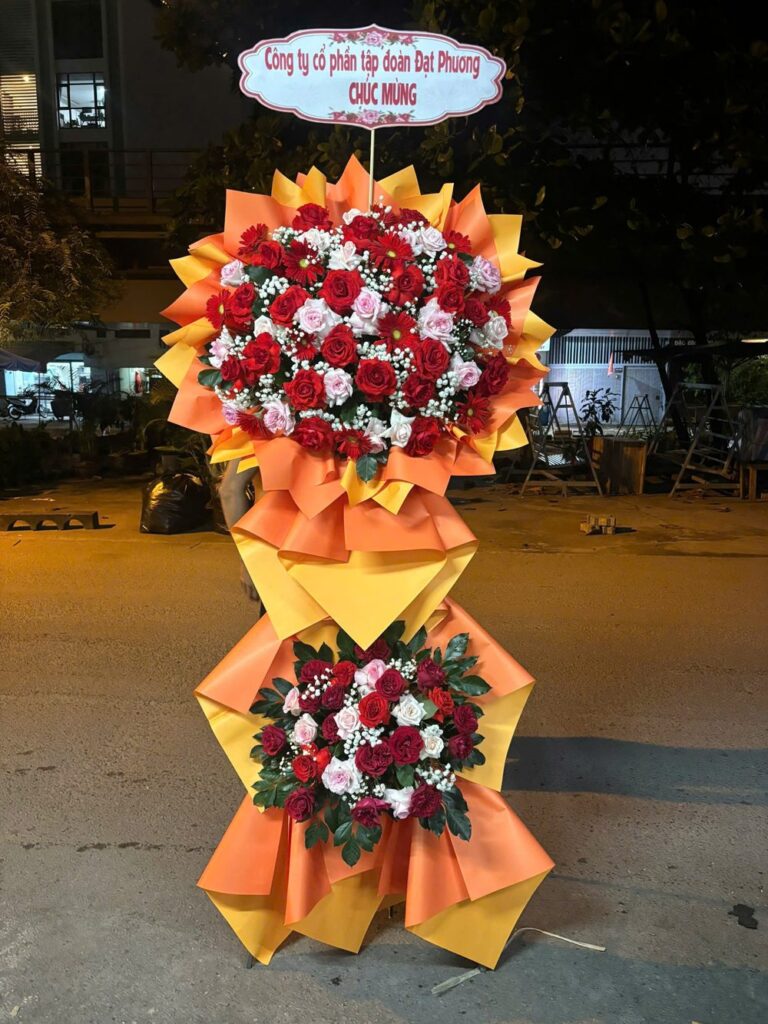 Kệ hoa khai trương 2 tầng tông cam đỏ – ảnh thật Hoa Tươi 24h